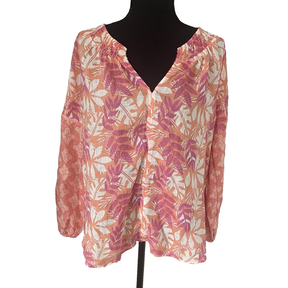 SIGRID OLSEN Sz S 100% Linen Blouse Floral Lightweight‎ Smocked Neckline Coastal